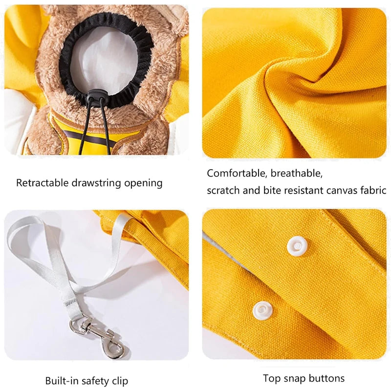 CrossPaw pet carrier detail showing drawstring opening, canvas fabric, safety clip and snap buttons