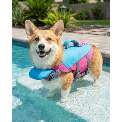 Corgi wearing Lake Blue dog life jacket in a pool