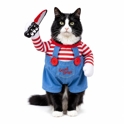 Killer doll costume worn by a cat