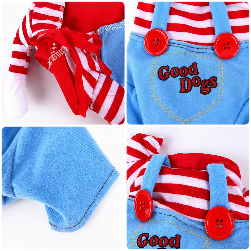Killer doll pet costume fabric and fastening details