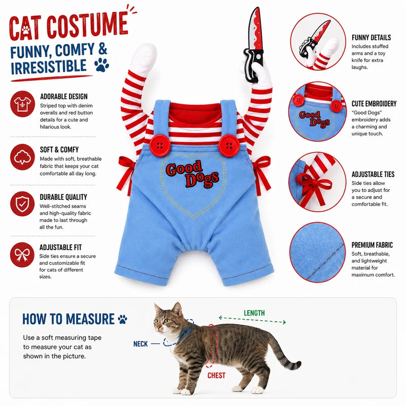 Killer doll pet costume features and measuring guide