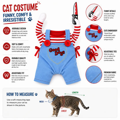 Killer doll pet costume features and measuring guide