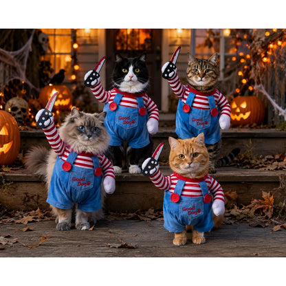 Cats wearing killer doll costumes for Halloween