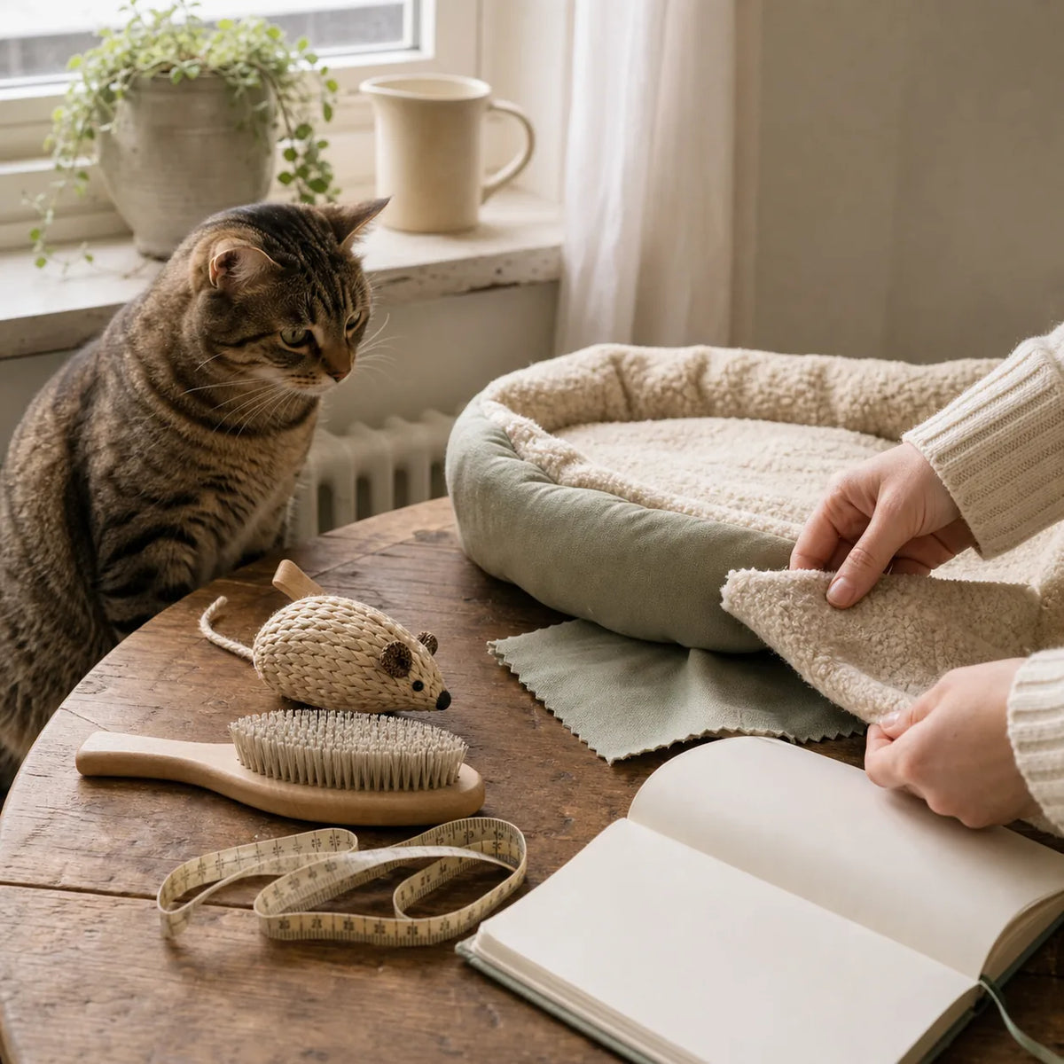 A cat watching while pet products are carefully checked