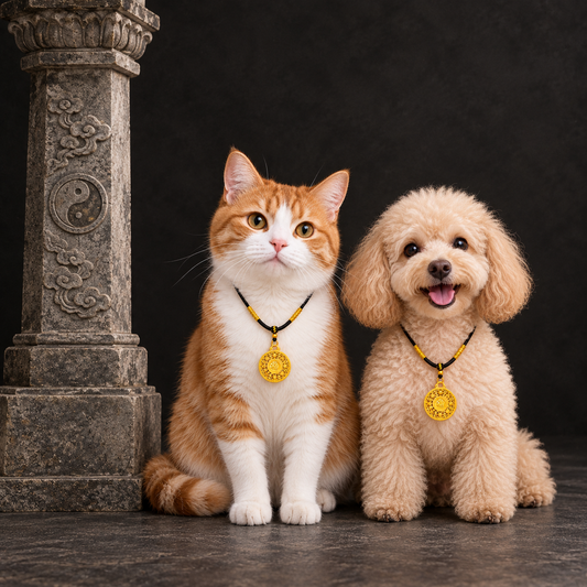Cat and dog wearing Lucky Blessings necklaces beside a carved Taoist-style stone pillar