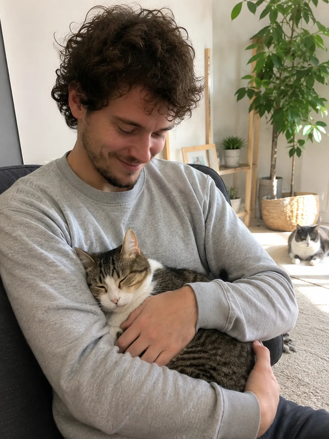 A smiling cat rescuer holding one cat with more cats at home