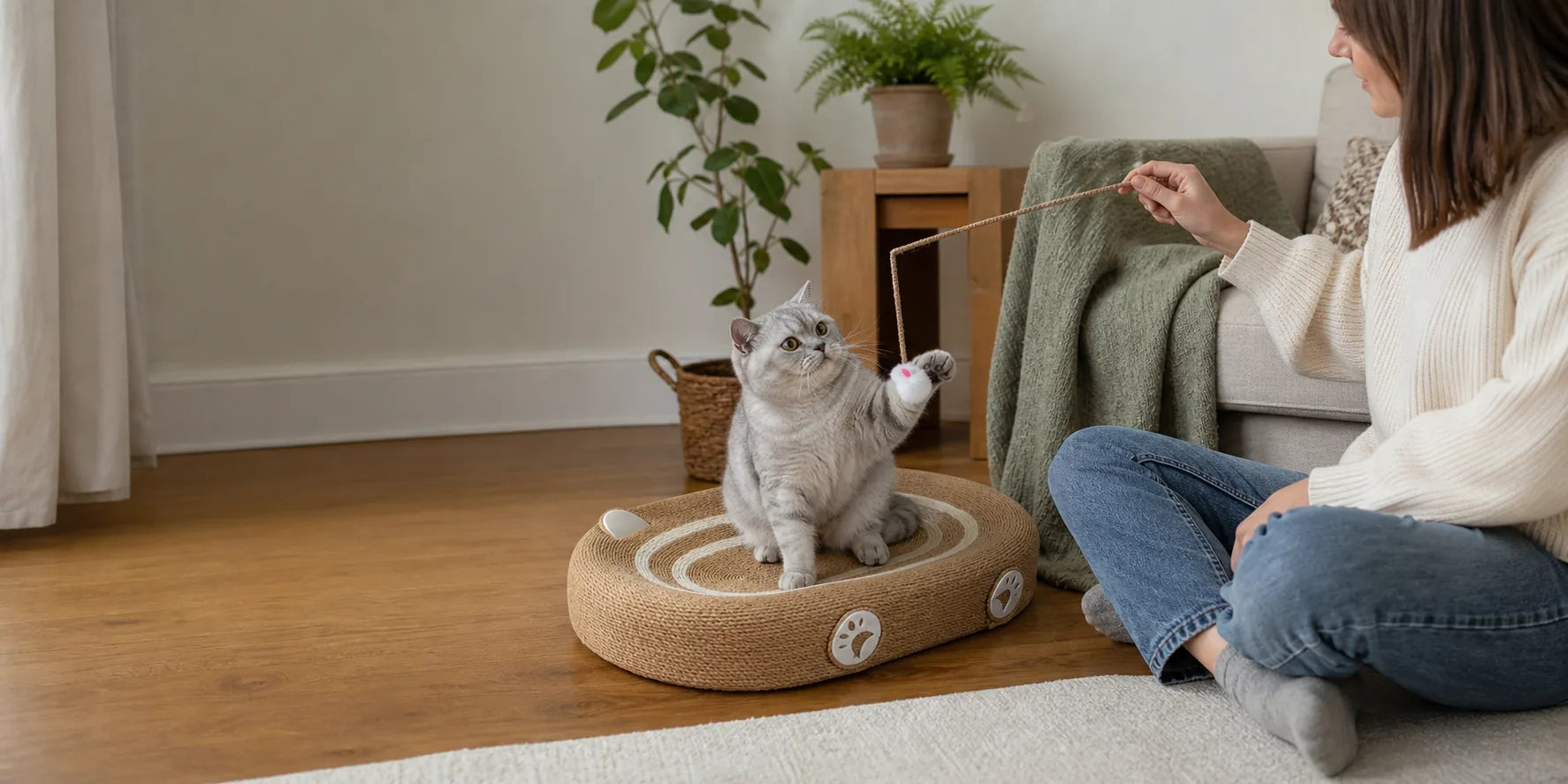 A person playing with a cat on a natural sisal scratcher bed