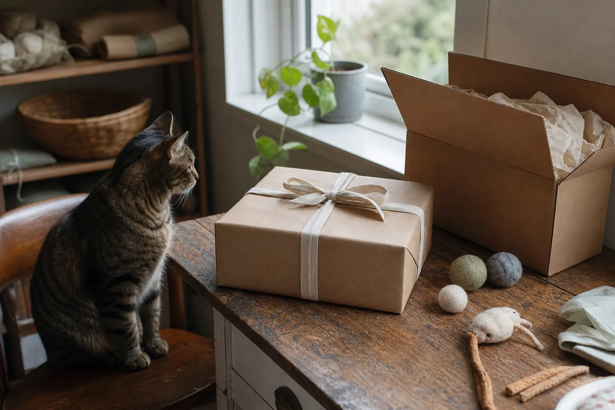 A carefully prepared pet product parcel with a cat nearby