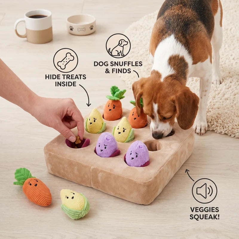 Hide treats inside the squeaky vegetable puzzle toy