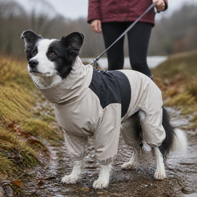 Waterproof pet raincoat countryside walking scene