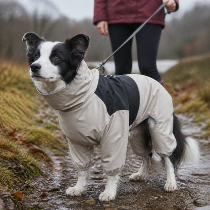 Waterproof pet raincoat countryside walking scene