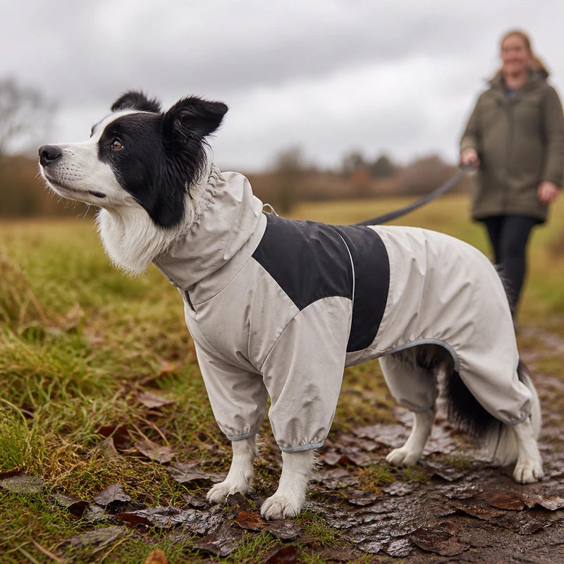 Waterproof pet raincoat field trail walking scene