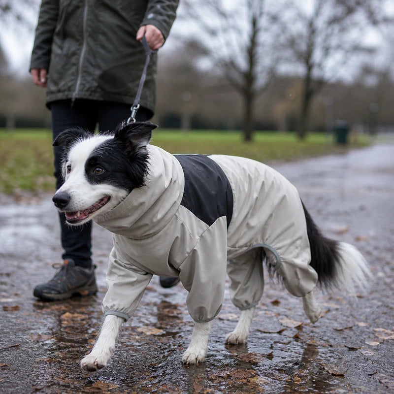 Waterproof pet raincoat rainy park walk scene