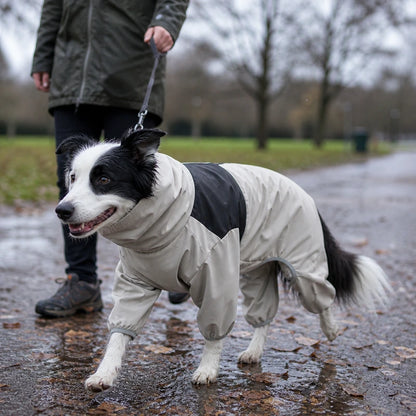 Waterproof pet raincoat rainy park walk scene