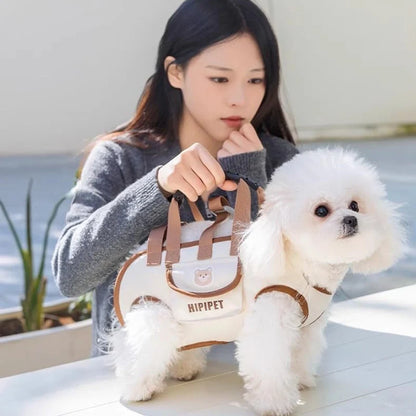 Small dog lift harness backpack with a white dog