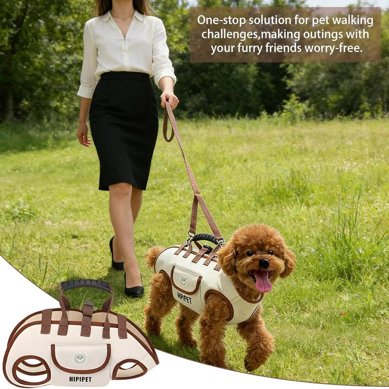 Small dog lift harness backpack used outdoors