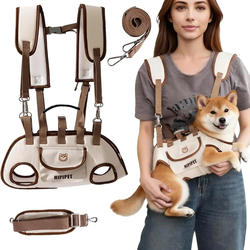 Small dog lift harness backpack components and carrying example