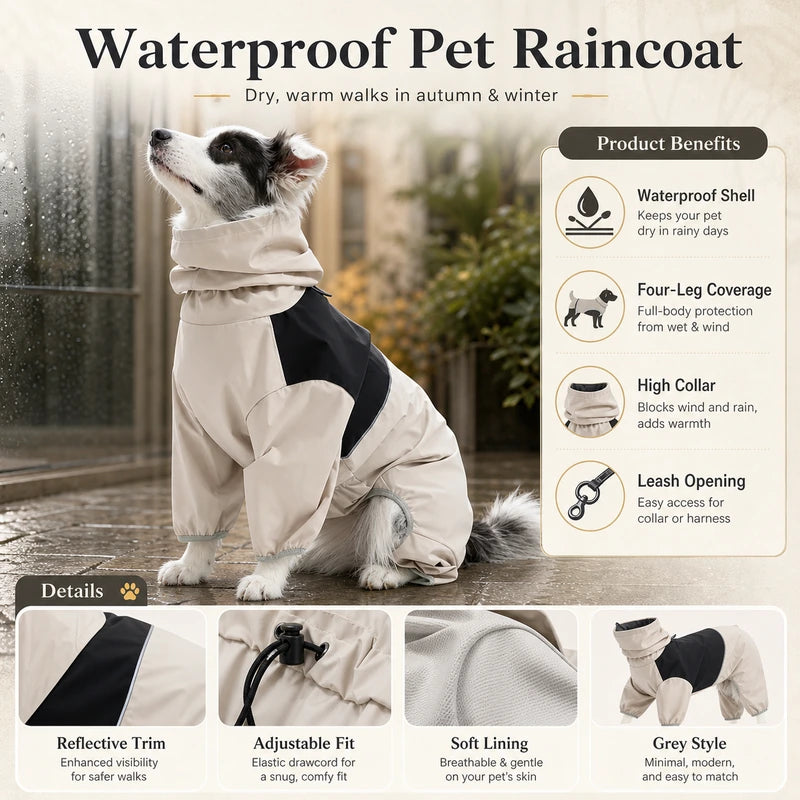 Waterproof pet raincoat grey style product infographic