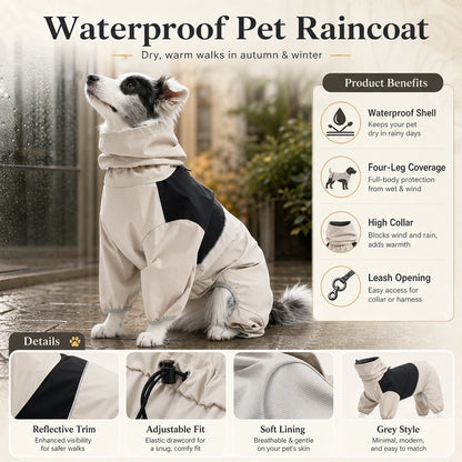Waterproof pet raincoat grey style product infographic